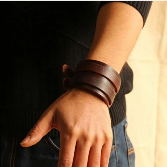 Men's Wide Leather Belt Strap Buckle Adjustable Cuff Bangle Wristband Bracelet - Picture 8 of 9